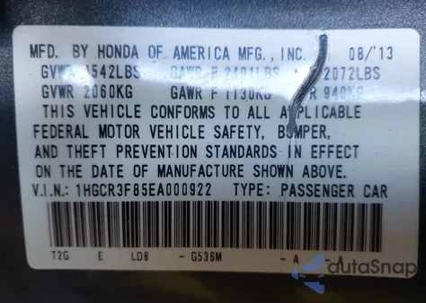 2014 Honda Accord Ex-L V-6 из США, поврежденный, VIN 1HGCR3F85EA000922